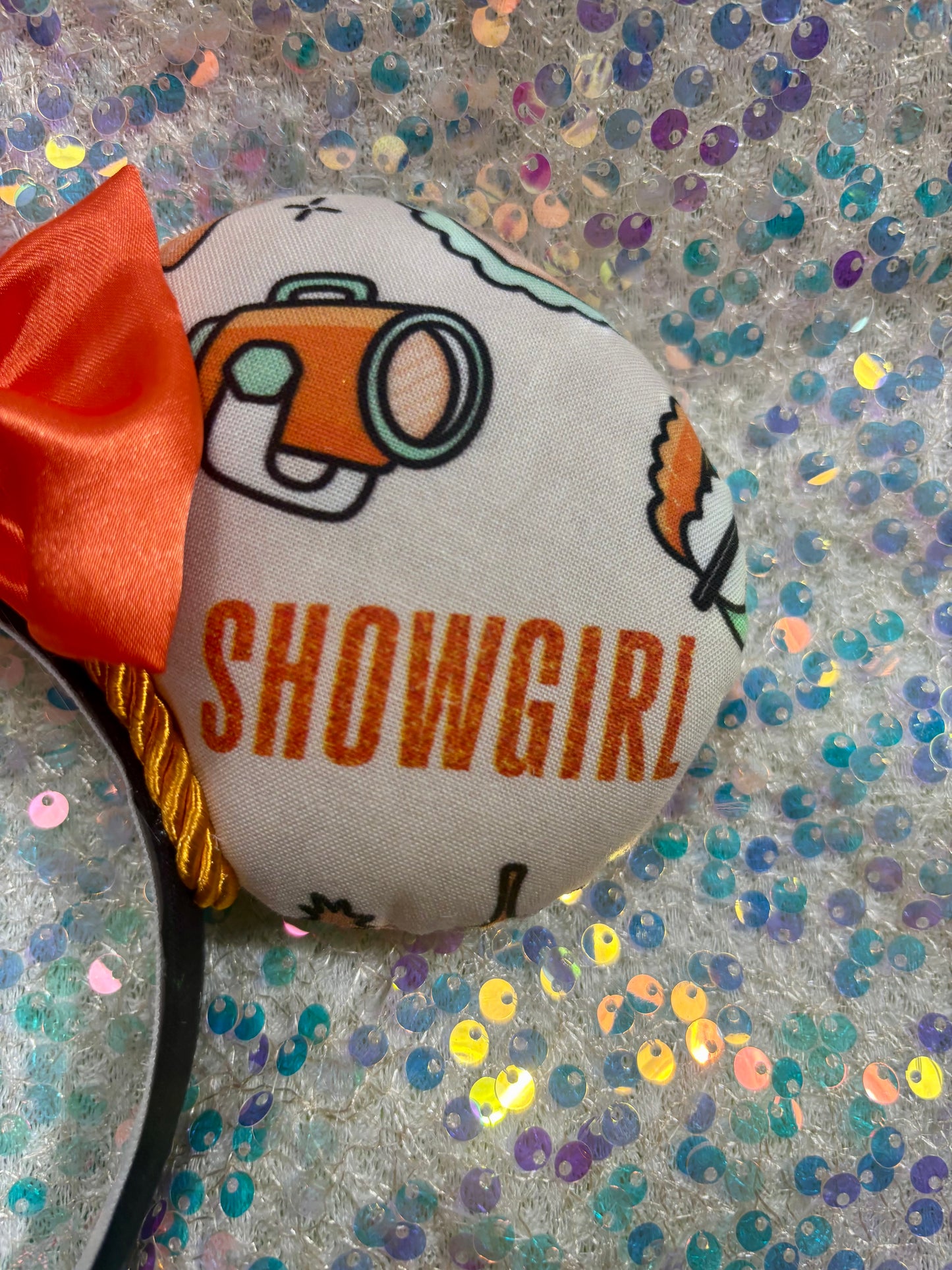 Showgirl Life Mouse Ears | LOAS Inspired Orange & Mint Collage Theme Park Headband