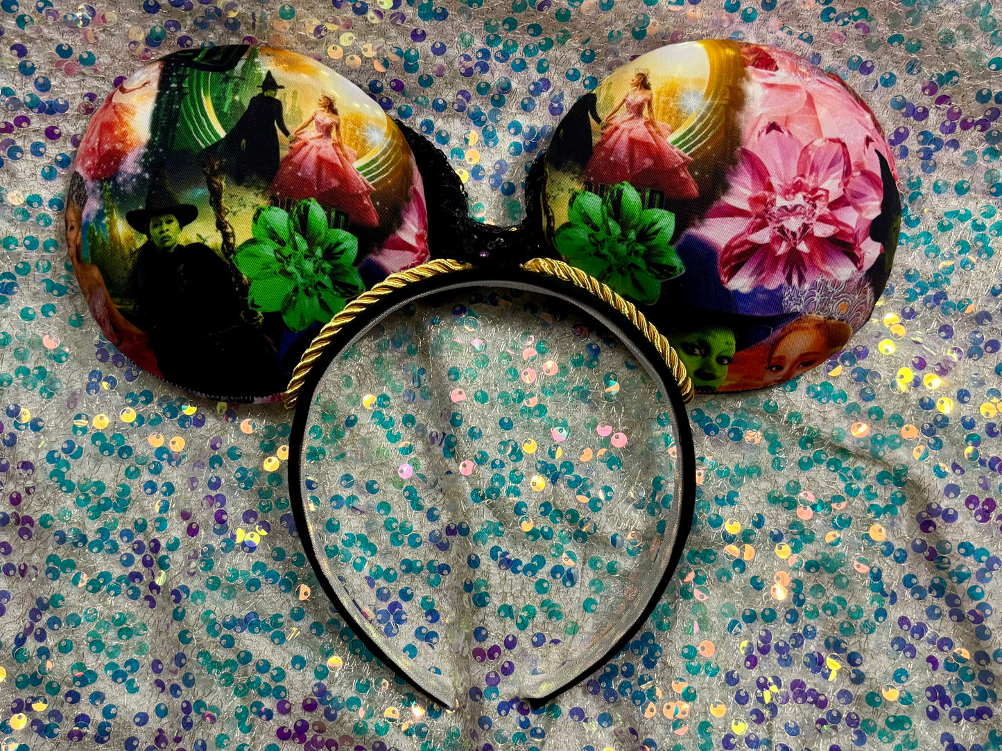 Defying Gravity Mouse Ears – Wicked Inspired Handmade Disney Headband | Green Sequin Bow.