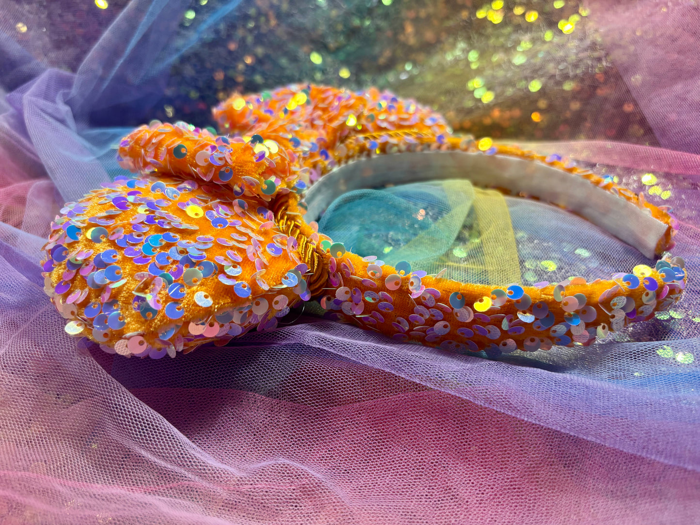 Orange Velvet & Mint Sequin Mouse Ears | Showgirl Era Deluxe Theme Park Headband