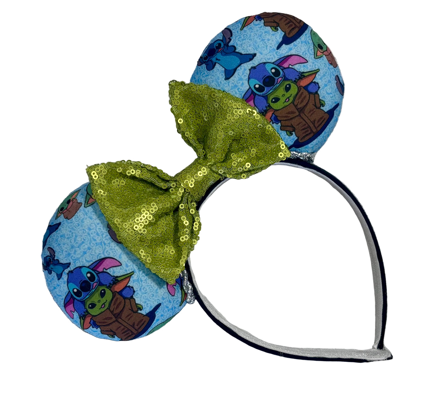 Handmade and ready to ship small friend aka Stitch and Baby Yoda Mouse ears with a lime green sequin bow. Of course, you can request any bow in sequin if you prefer and I will attach it. Shown on a white background.