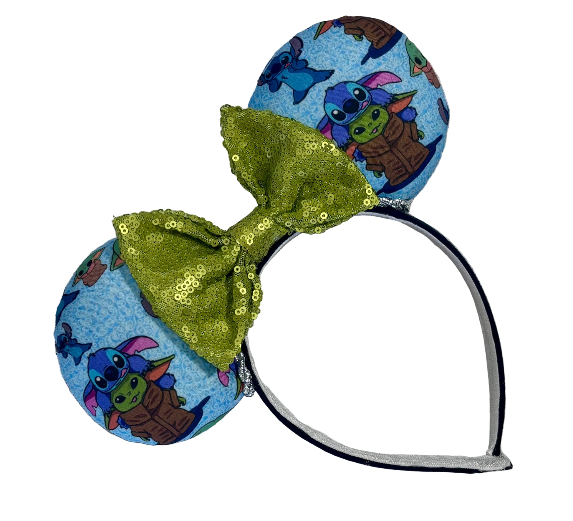 Handmade and ready to ship small friend aka Stitch and Baby Yoda Mouse ears with a lime green sequin bow. Of course, you can request any bow in sequin if you prefer and I will attach it. Shown on a white background.