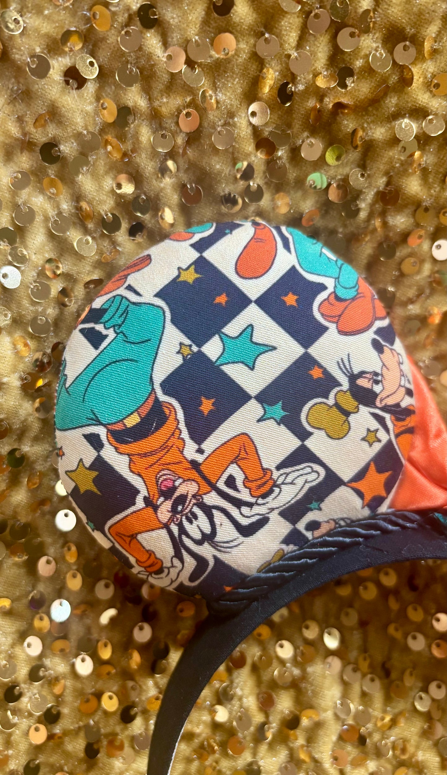 Goofy Mouse Ears | Classic Character Fabric Orange Satin & Turquoise Sequin Bow Headband