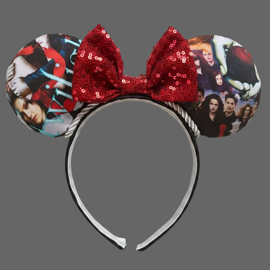 Handmade and ready to ship custom and unique ears that have images from the film on the mouse ears front and back. Silver twisted trim is along the inner ears with a red sequin bow on a black poly cotton universal sized headband.