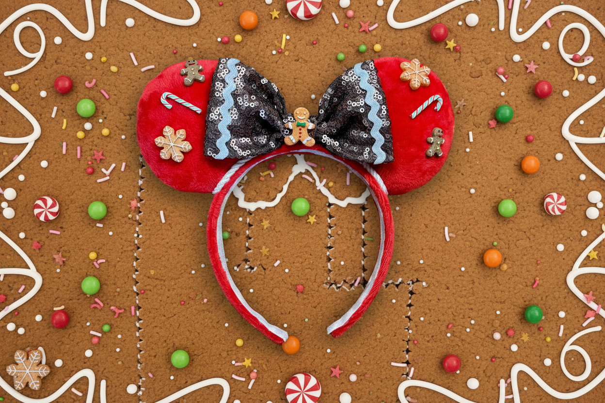 Christmas red plush fabric on the ears and the headband with gingerbread designs and cookie and candy cane embellishments on them with a brown bow. Shown on a gingerbread-themed background