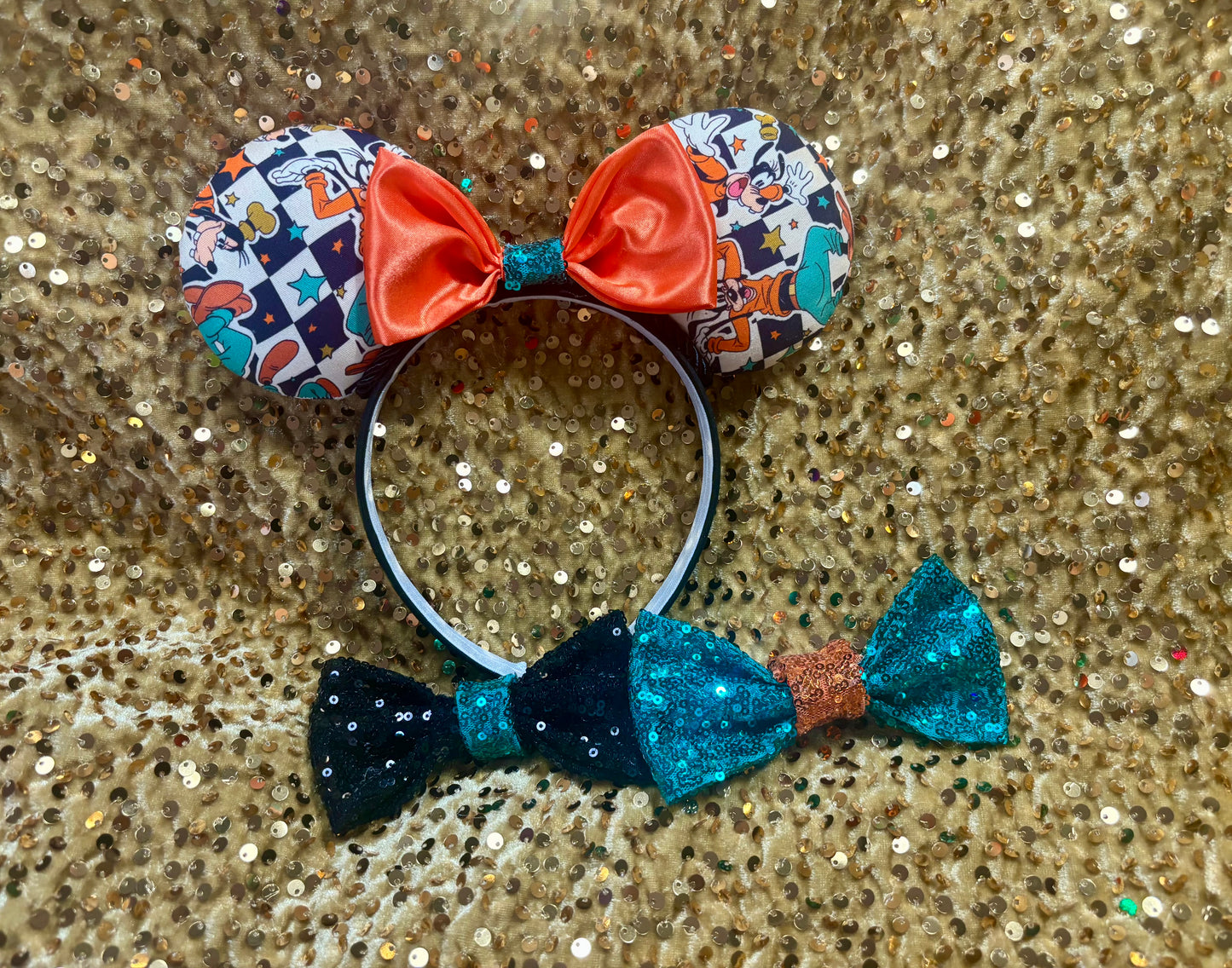Goofy Mouse Ears | Classic Character Fabric Orange Satin & Turquoise Sequin Bow Headband
