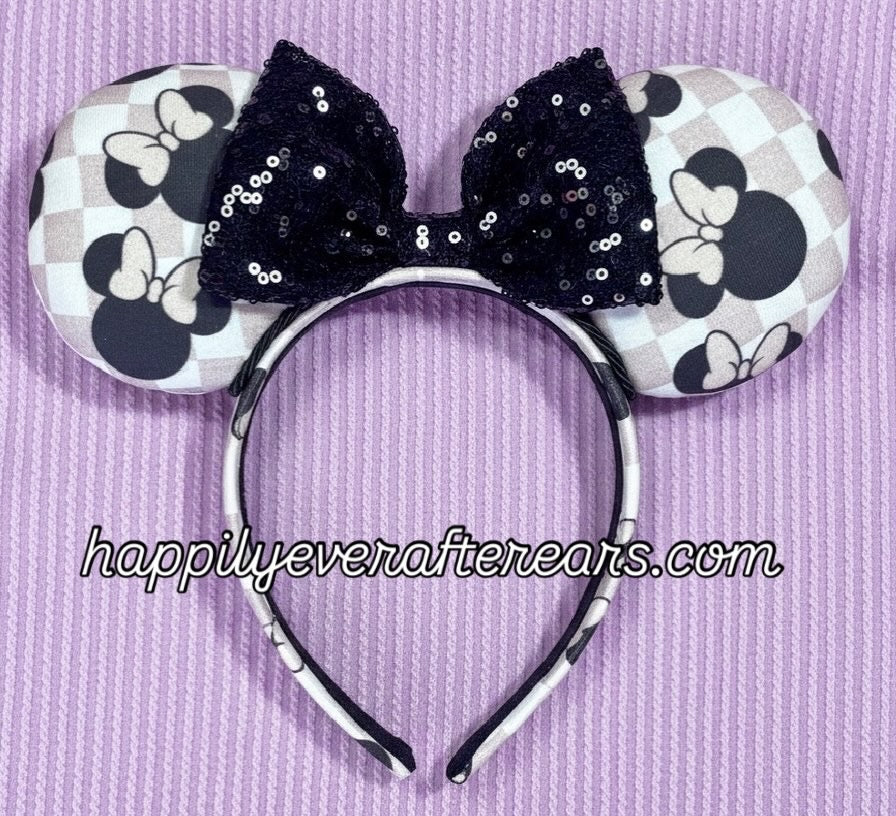 Mouse Checkered Ear Headband – Handmade Sequin Bow Accessory