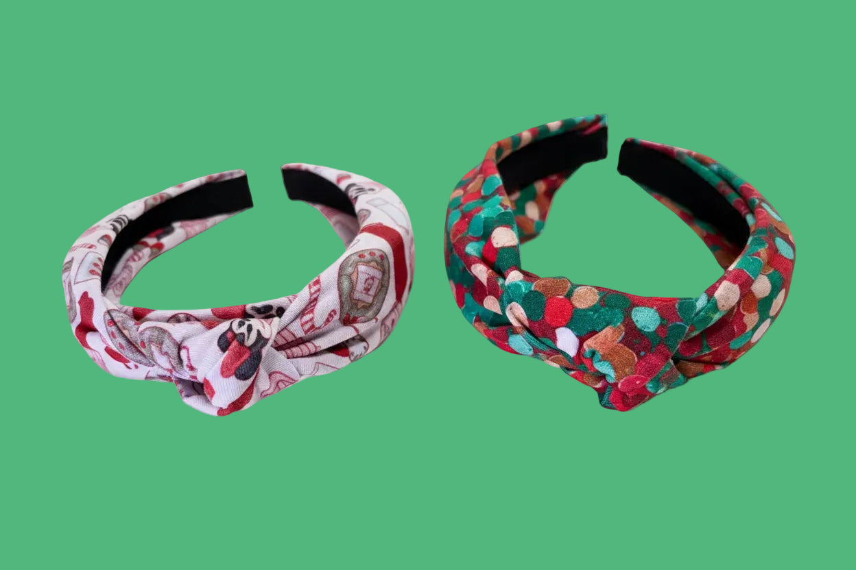 Handmade and ready to ship. Two patterned headbands in Stocking Stuffers and Christmas Color Dots. Made with Cotton Lycra fabric on a universal sized headband. 