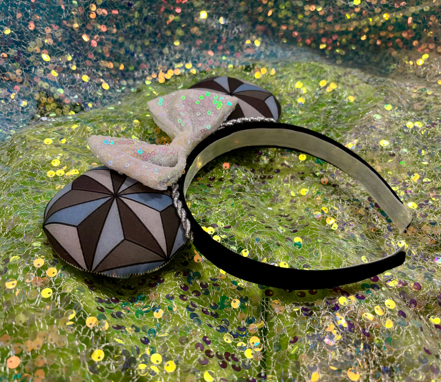 Epcot Inspired Mouse Ears | Handmade Spaceship Earth Disney Headband with Iridescent Sequin Bow