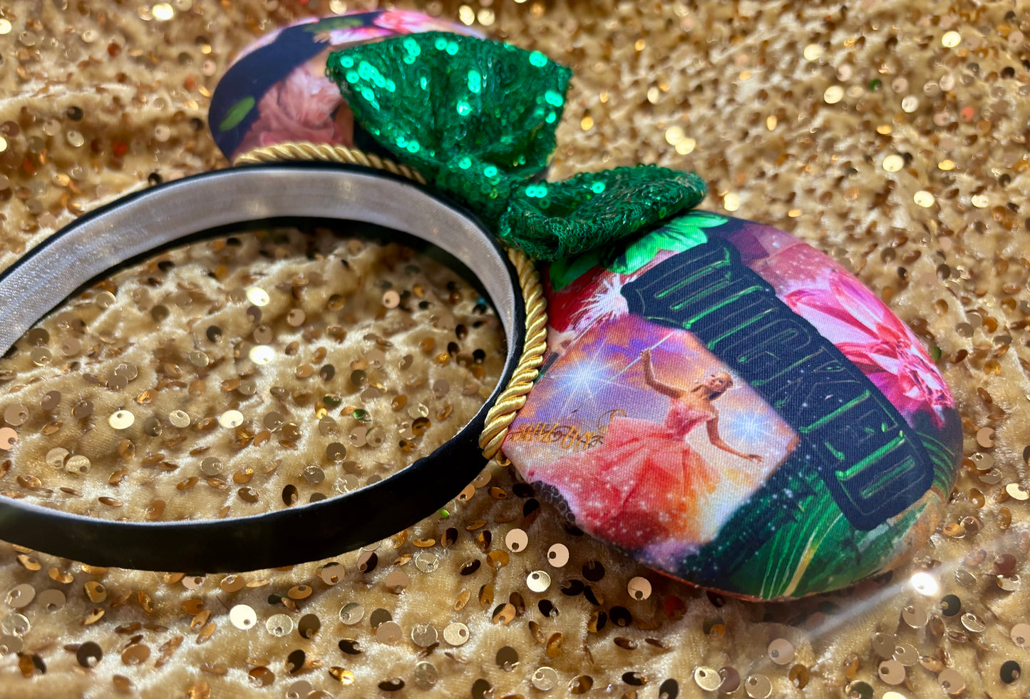 Defying Gravity Mouse Ears – Wicked Inspired Handmade Disney Headband | Green Sequin Bow.
