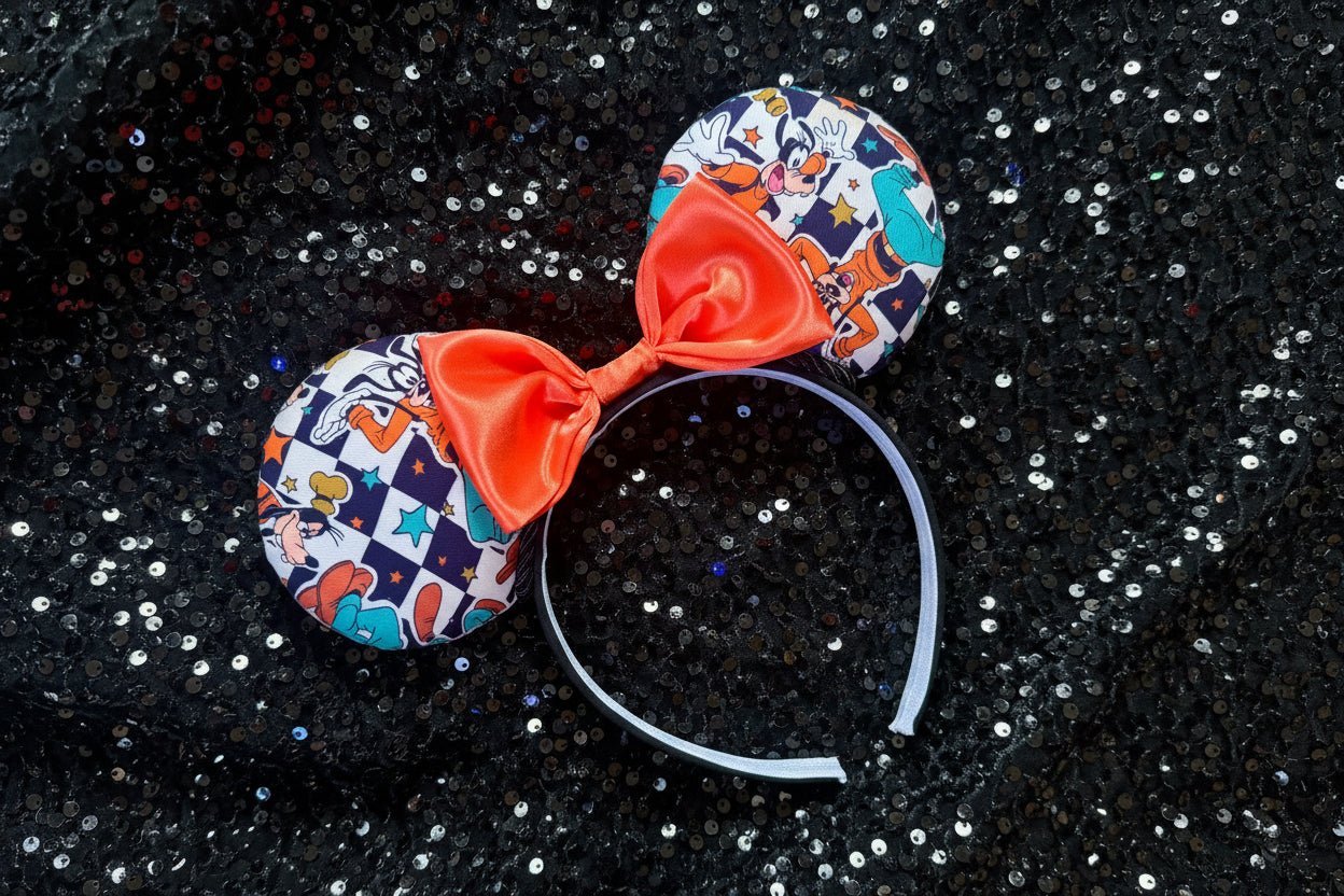 Goofy Mouse Ears | Classic Character Fabric Orange Satin & Turquoise Sequin Bow Headband