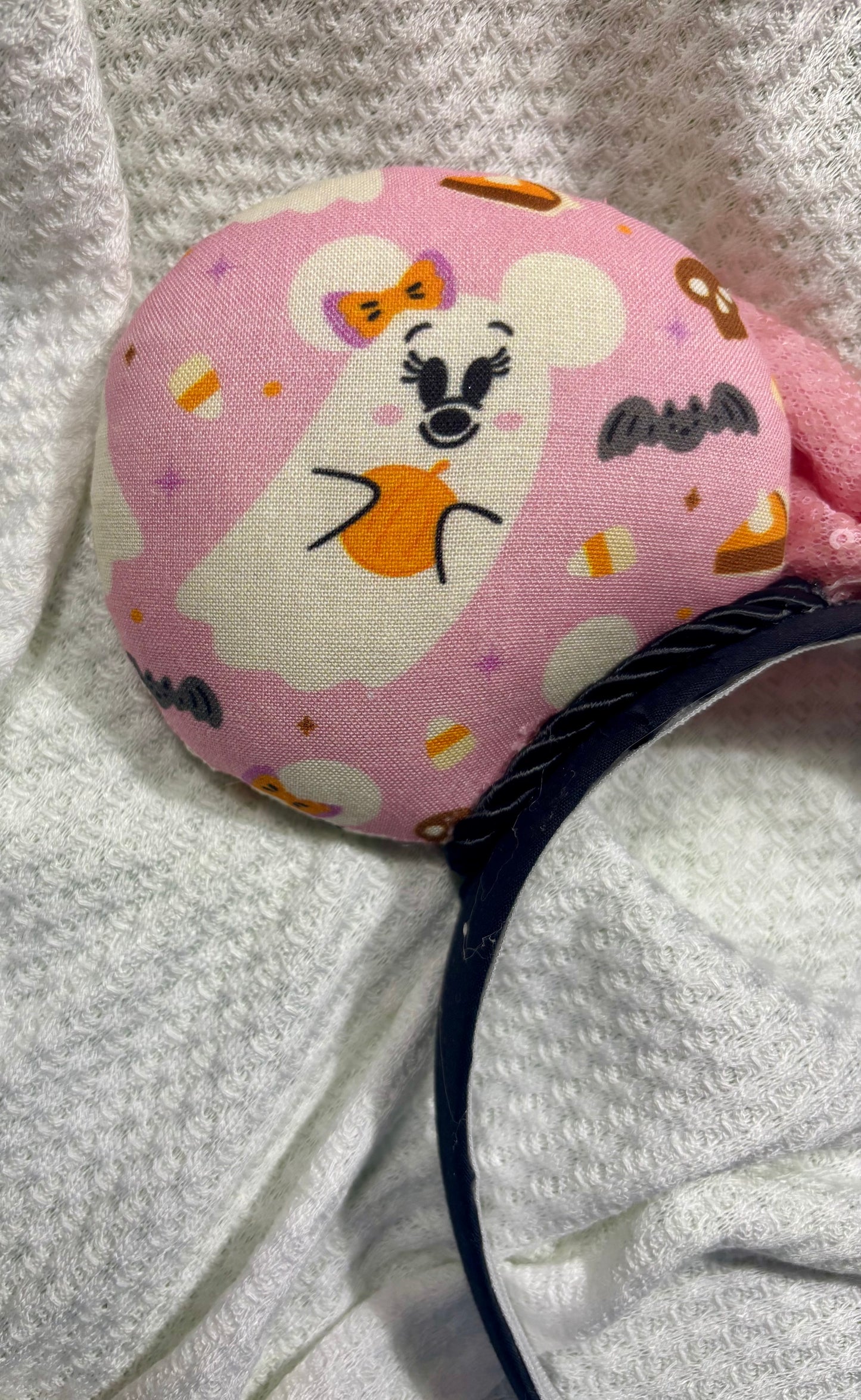 Pink Ghost Mouse Ears | Spooky-Cute Halloween Headband with Pink Sequin Bow