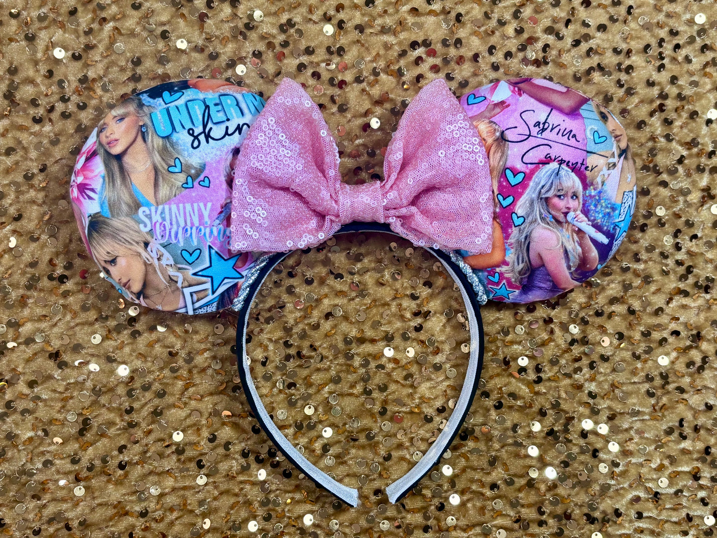 Sabrina Carpenter Short n Sweet Inspired handmade and ready to ship mouse ear headband with a pink sequin bow and silver twisted trim on a black poly cotton universal sized headband.