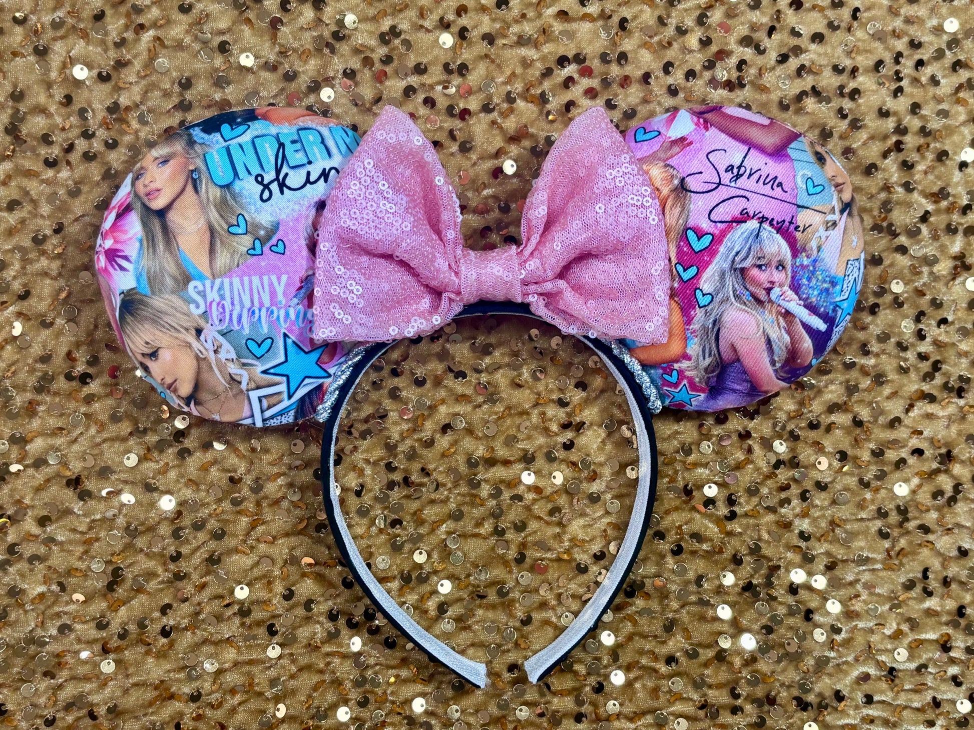Sabrina Carpenter Short n Sweet Inspired handmade and ready to ship mouse ear headband with a pink sequin bow and silver twisted trim on a black poly cotton universal sized headband.