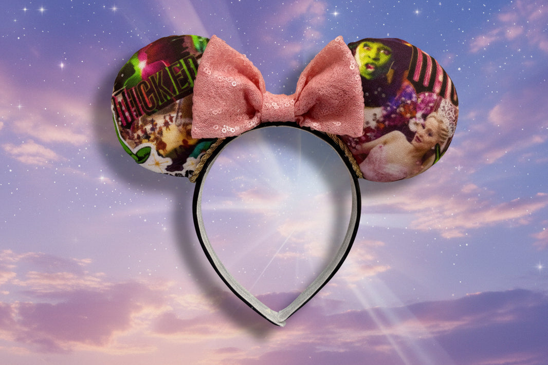 Wicked Collage Mouse Ears – Elphaba & Glinda Inspired Handmade Disney Headband | Pink Sequin Bow
