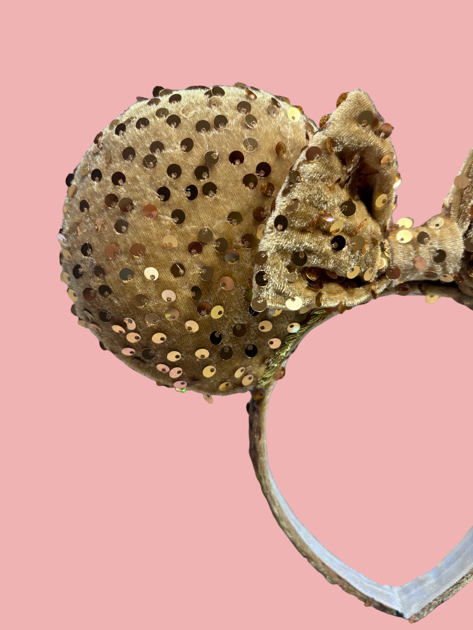 Close up of the detail. Handmade and ready to ship. These are golden velvet sequin mouse ears with a matching bow.