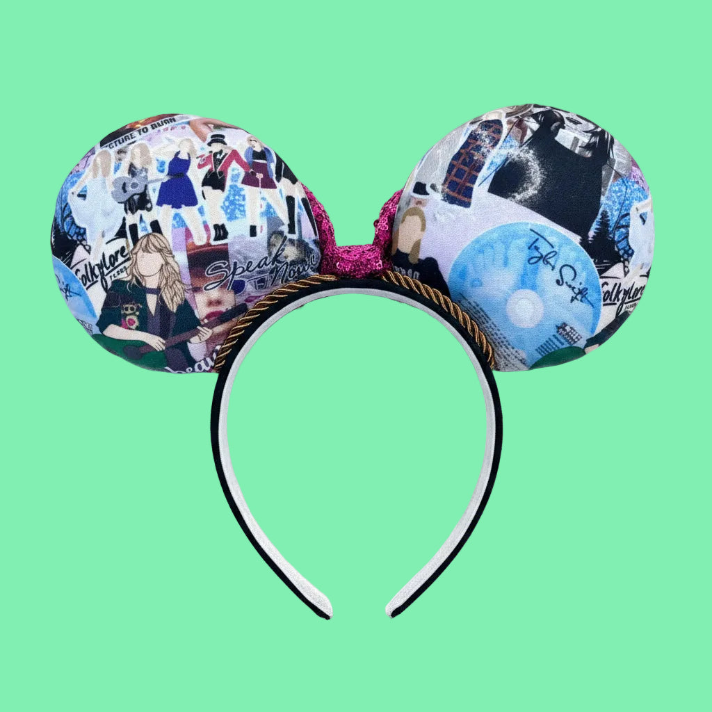 Colorful Cartoon Eras Handmade mouse ears with a hot pink sequin bow, twisted trim and on a black poly cotton elastic wrapped headband that is universal sized. Handmade and ready to ship.