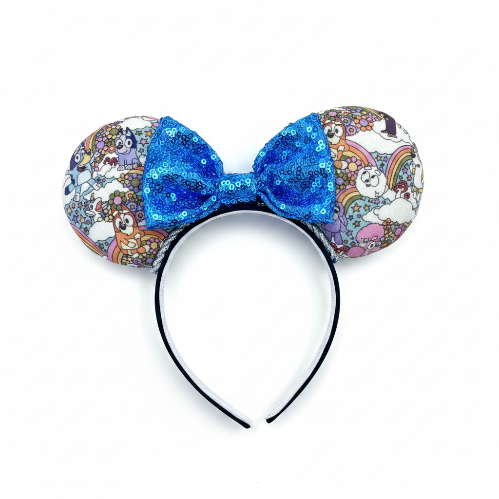 Mouse ears with a blue bow and colorful floral pattern with Bluey and friends on a white background
