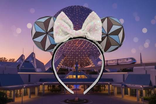 Epcot geometric themed ears with a white iridescent bow on a black headband with twisted trim. Shown against a space-themed background