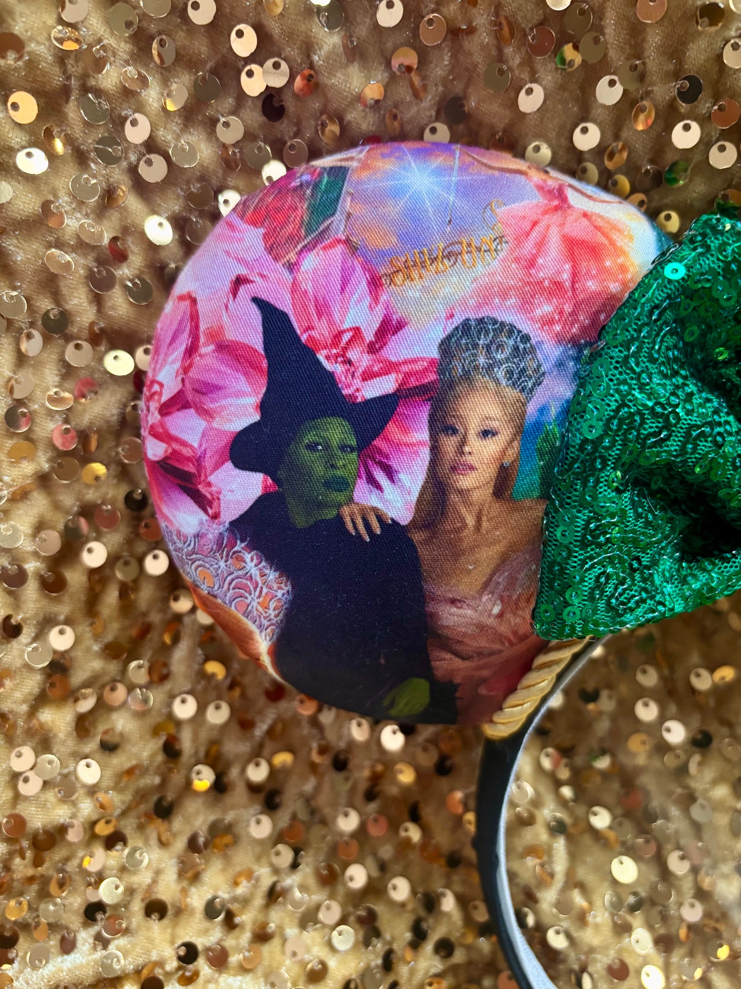 Defying Gravity Mouse Ears – Wicked Inspired Handmade Disney Headband | Green Sequin Bow.