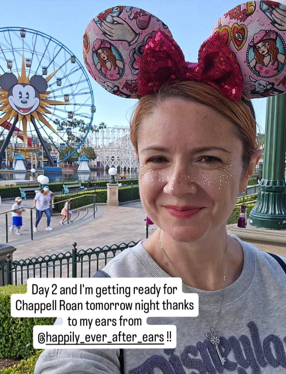 Model wearing a set of this design of mouse ears at Disneyland.
