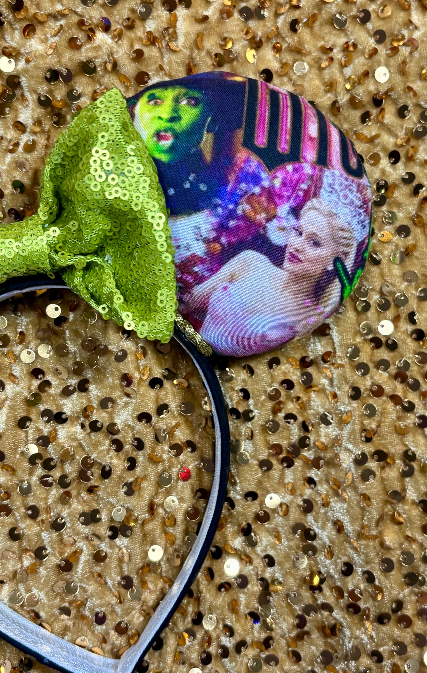 Wicked Collage Mouse Ears – Elphaba & Glinda Inspired Handmade Disney Headband | Pink Sequin Bow