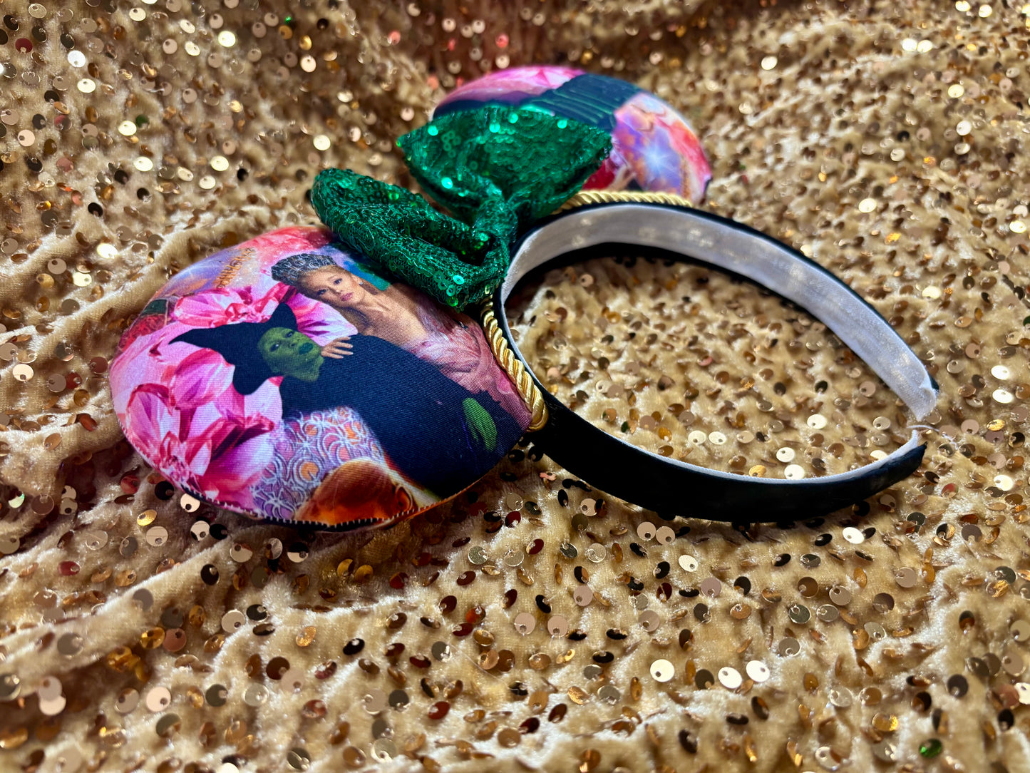 Defying Gravity Mouse Ears – Wicked Inspired Handmade Disney Headband | Green Sequin Bow.