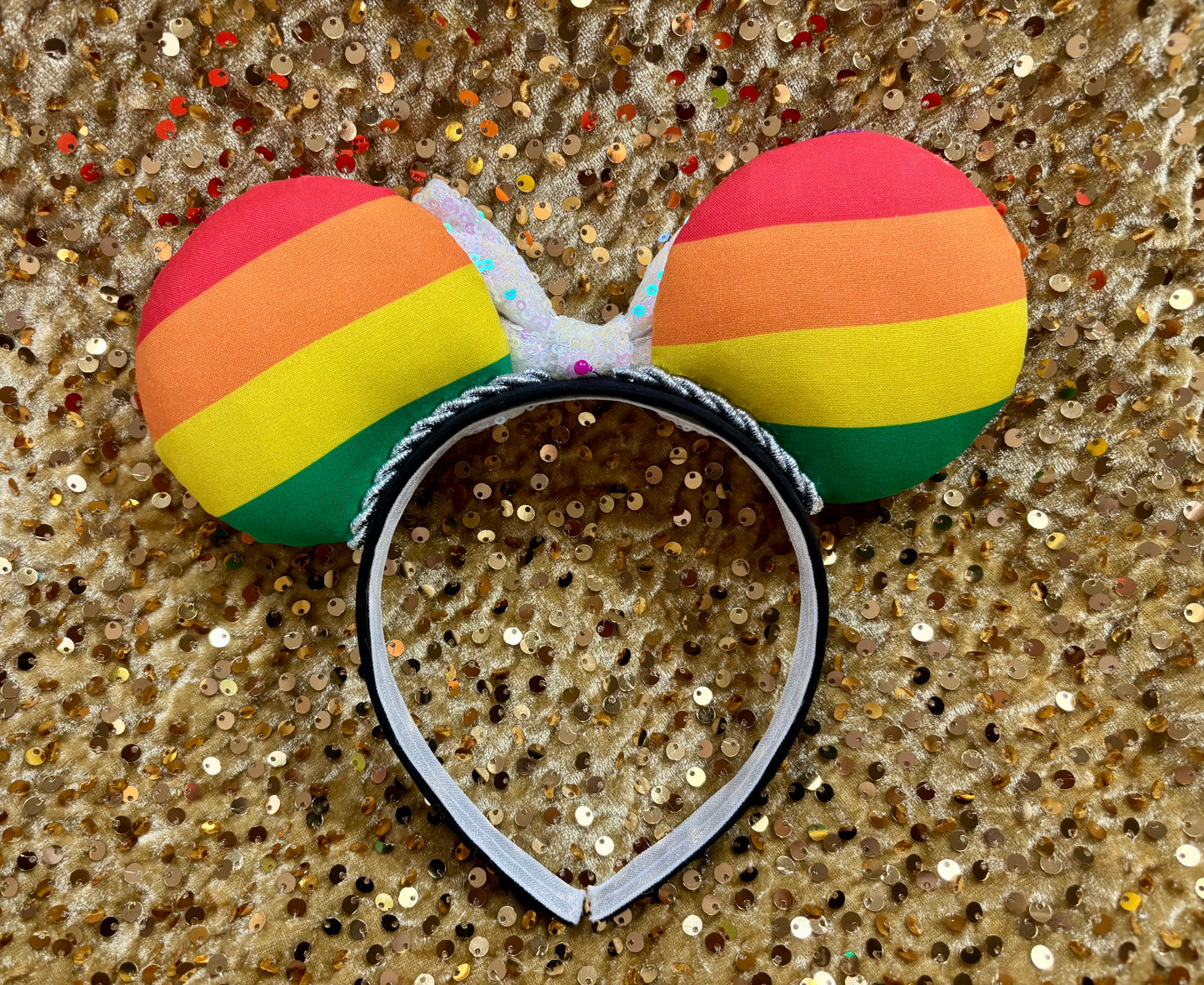 Rainbow Pride Mouse Ears | LGBTQ+ Silver Trim & Iridescent Sequin Bow Headband