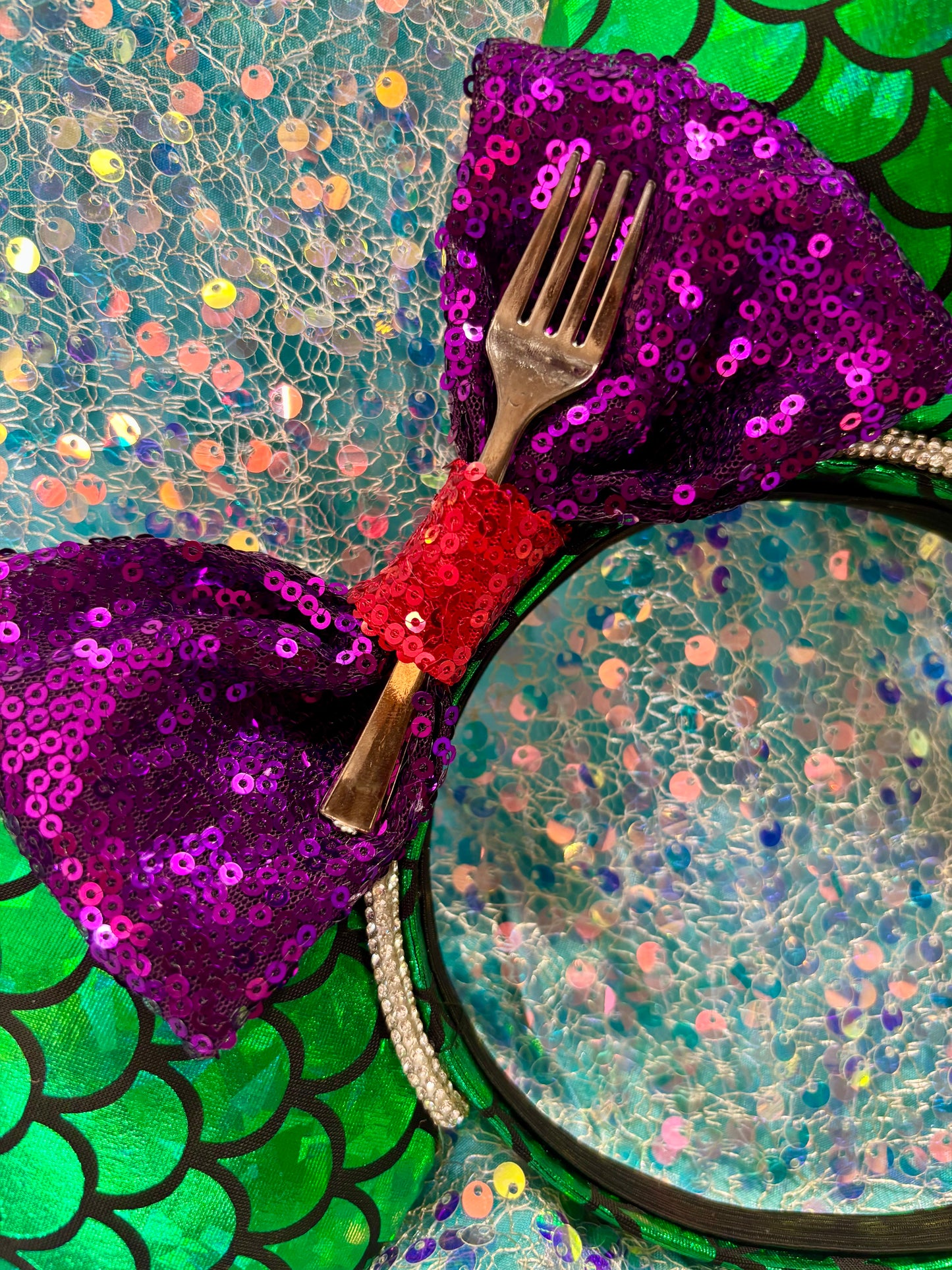 Mermaid Mouse Ears | Handmade Ariel-Inspired Disney Headband with Rhinestone Trim & Dinglehopper Bow