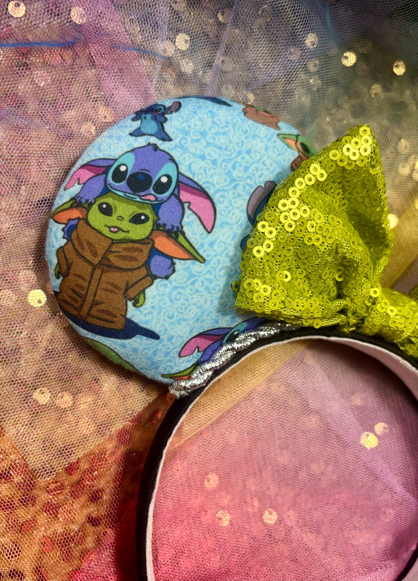 Baby Yoda & Stitch Mouse Ears | Handmade Star Wars Lilo & Stitch Disney Headband with Sequin Bow