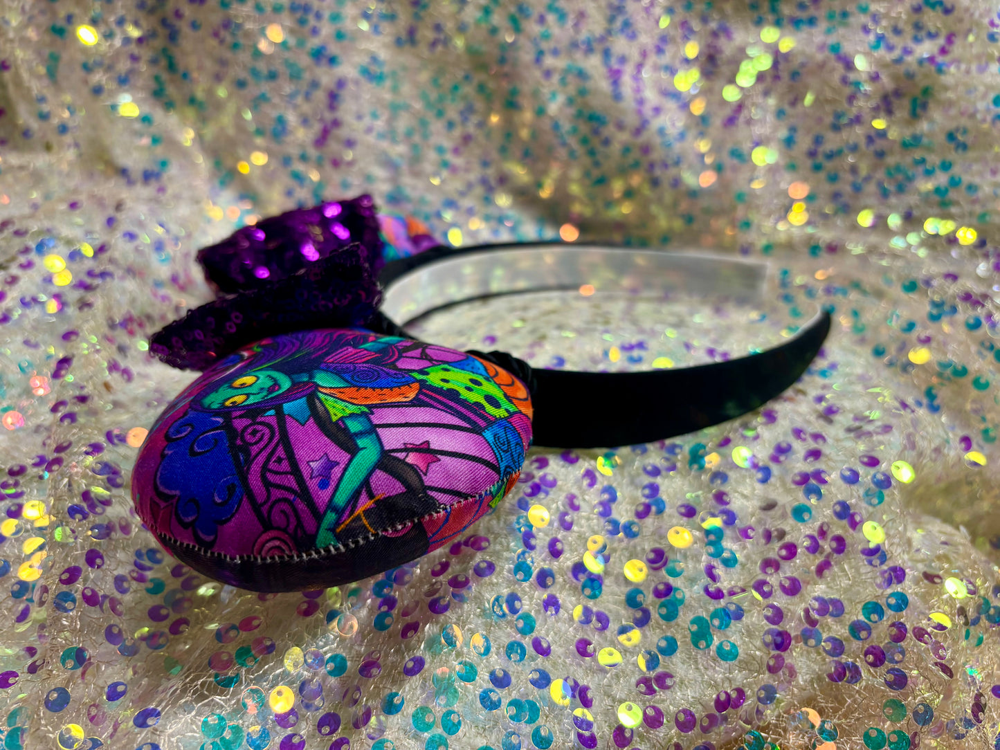 Sally Mouse Ears | Nightmare Before Christmas Patchwork Headband with Sequin Bow