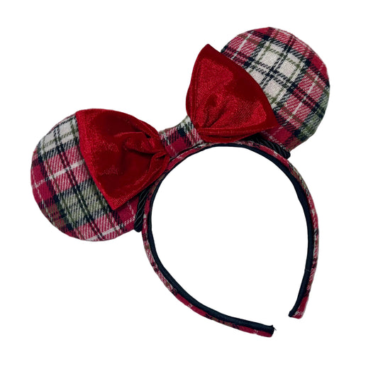 Plaid mouse ears with a red bow on a white background