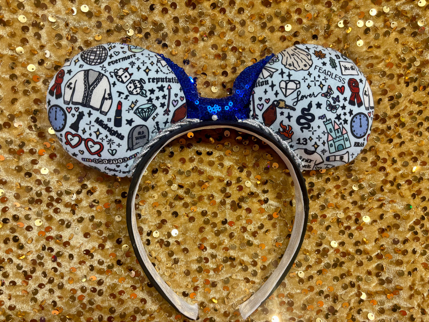 Tay Doodles Mouse Ears | Handmade Taylor-Inspired Doodle Disney Headband with Blue Sequin Bow