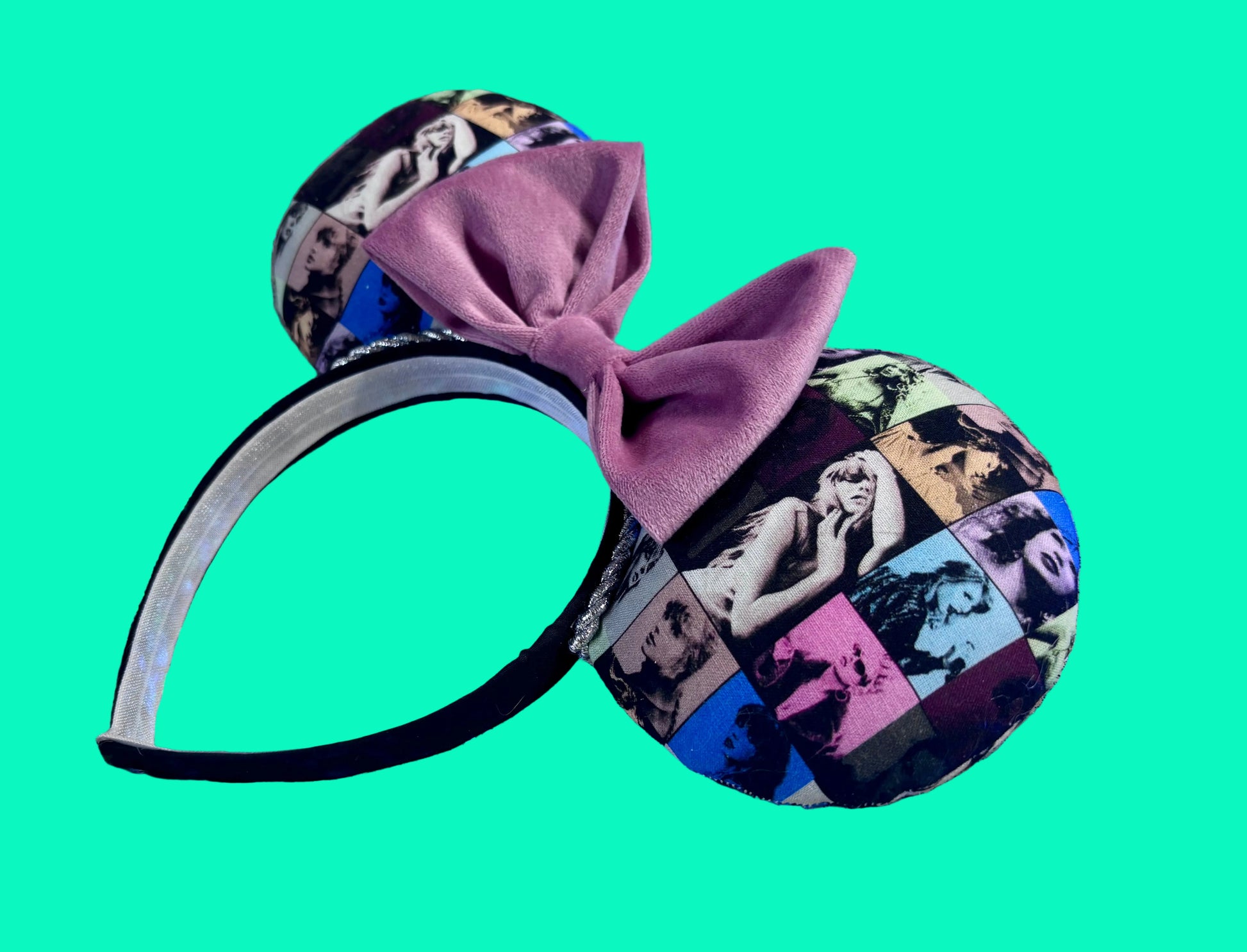 Handmade and ready to ship ERAS 2.0 mouse ears with the fabric on both the front and back. On a black universal sized headband. The set has a DUSTY PINK VELVET bow, but you can request any sequin color in your order and I'll attach it.