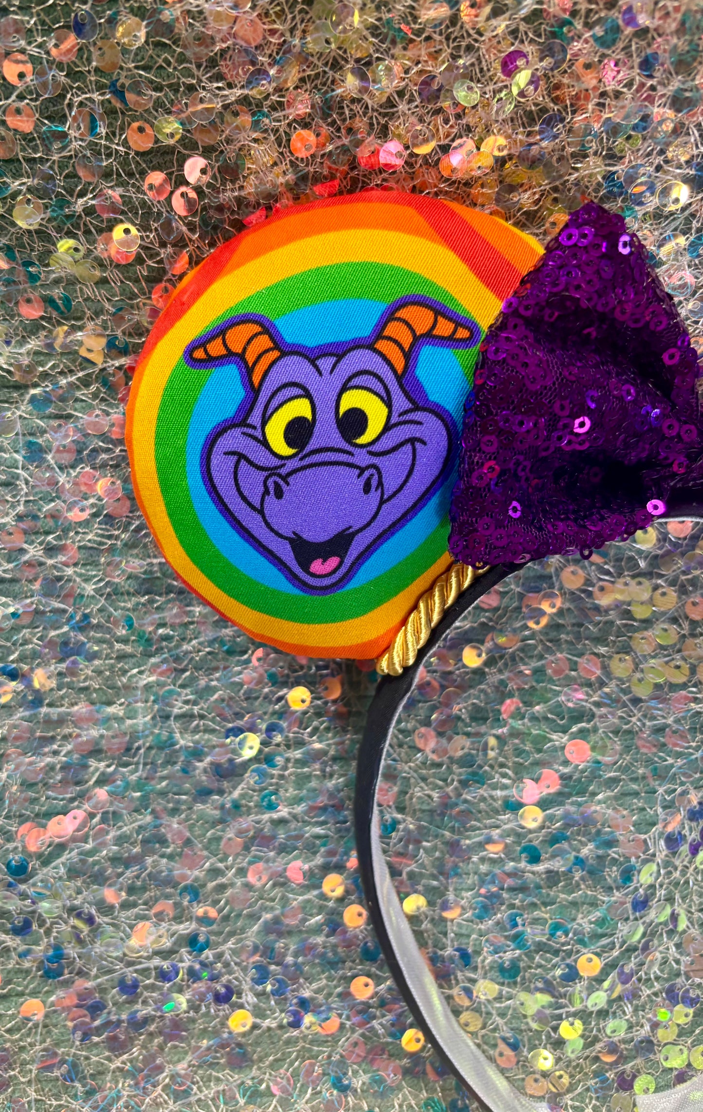 Figment Inspired Mouse Ears | Purple & Yellow Epcot Dragon Headband with Sequin Bow