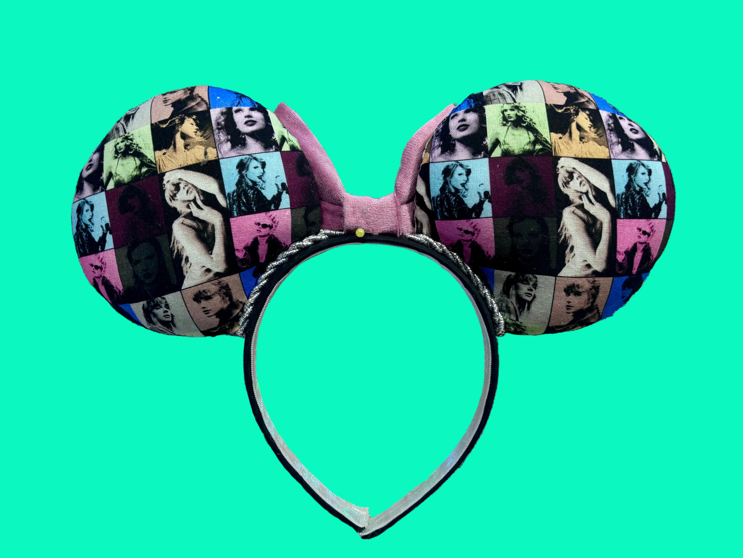 Back view of the mouse ears and the Tay images on the set along with the twisted trim. Bow isn't attached until you order, so that's a push pin you see for pictures.