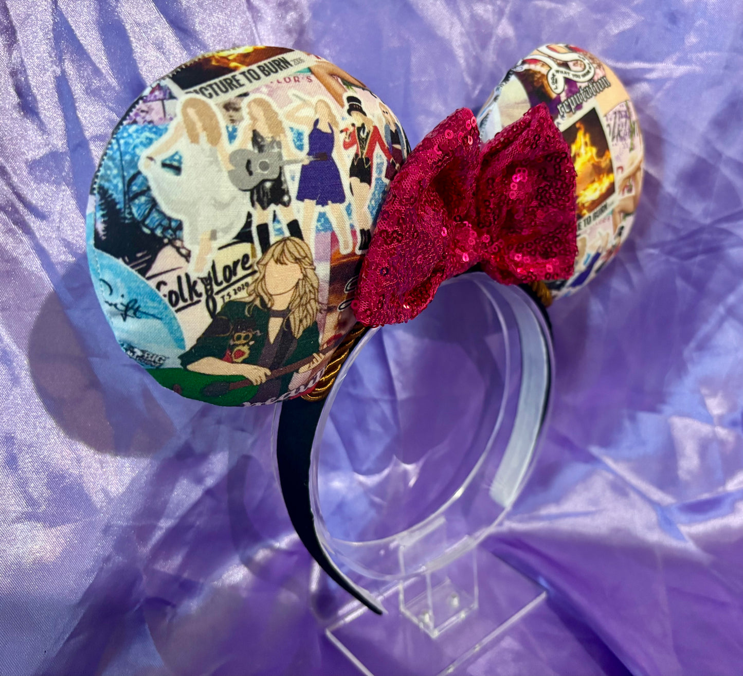 Cartoon Eras Mouse Ears – Taylor Swift Inspired Collage Handmade Disney Headband | Hot Pink Sequin Bow