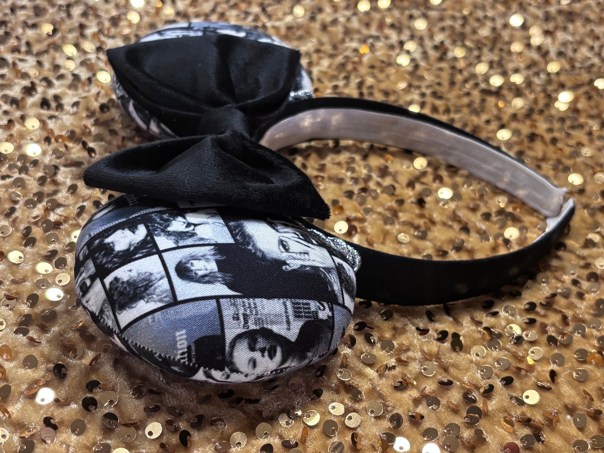 Side View of Handmade and ready to ship "BAD' reputation Mouse ears with a new beautiful black velvet bow. Of course, you can still request any bow in sequin if you prefer and I will attach it. Shown on a gold sequin background.