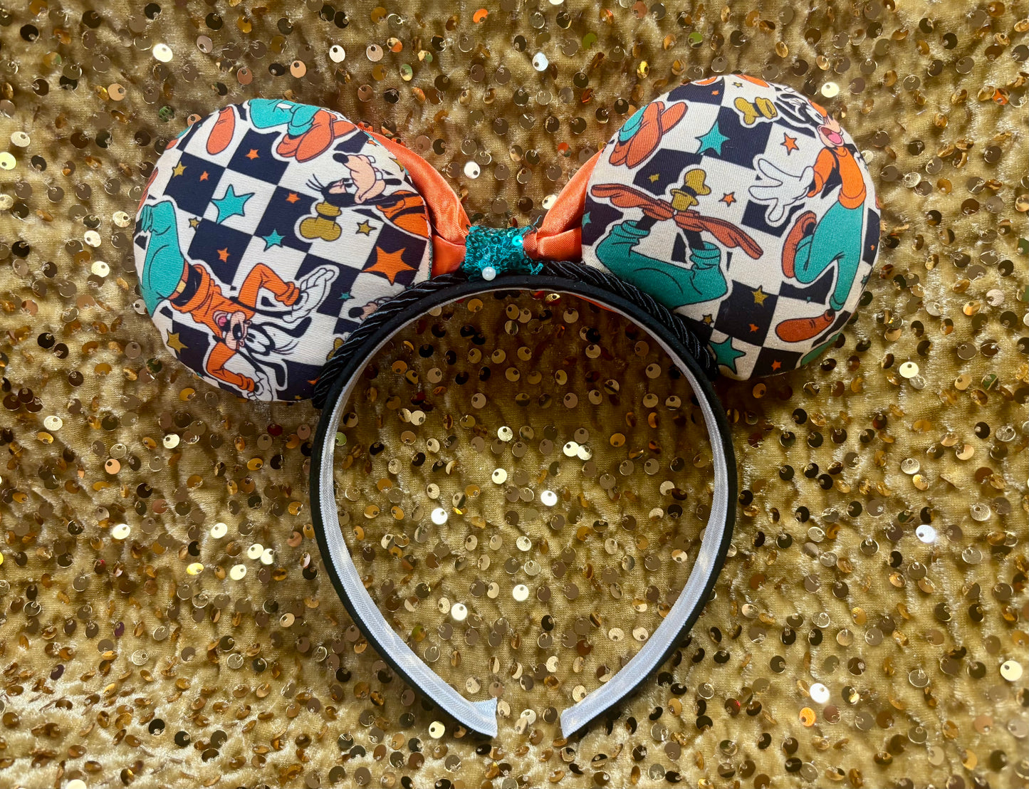 Goofy Mouse Ears | Classic Character Fabric Orange Satin & Turquoise Sequin Bow Headband