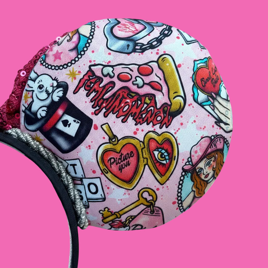 Colorful handmade Chappell inspired headband with cartoon designs. Made and ready to ship.