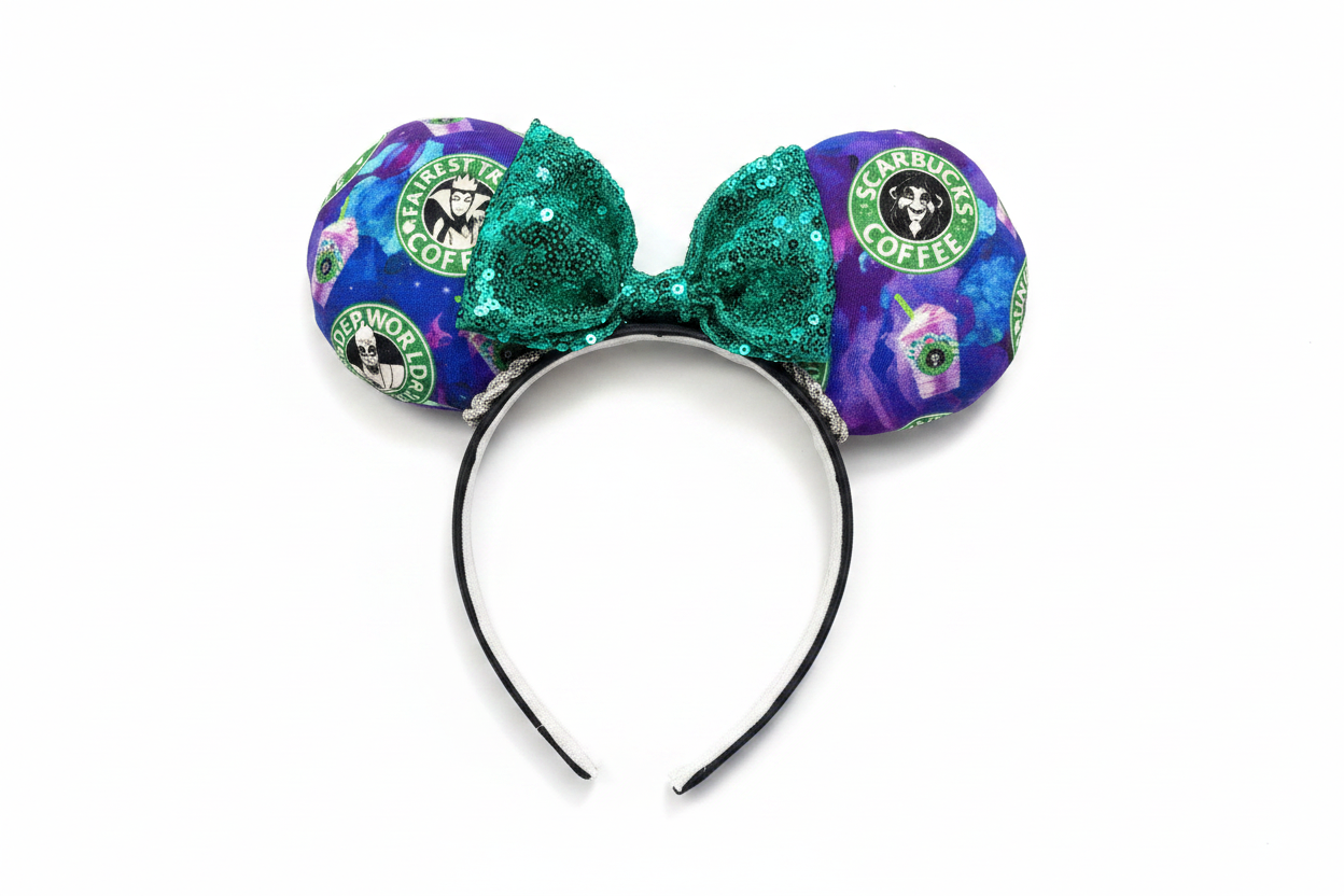 Colorful mouse ears with Coffee logo and villains on the fabric front and back with a teal sequin bow. Shown on a white background