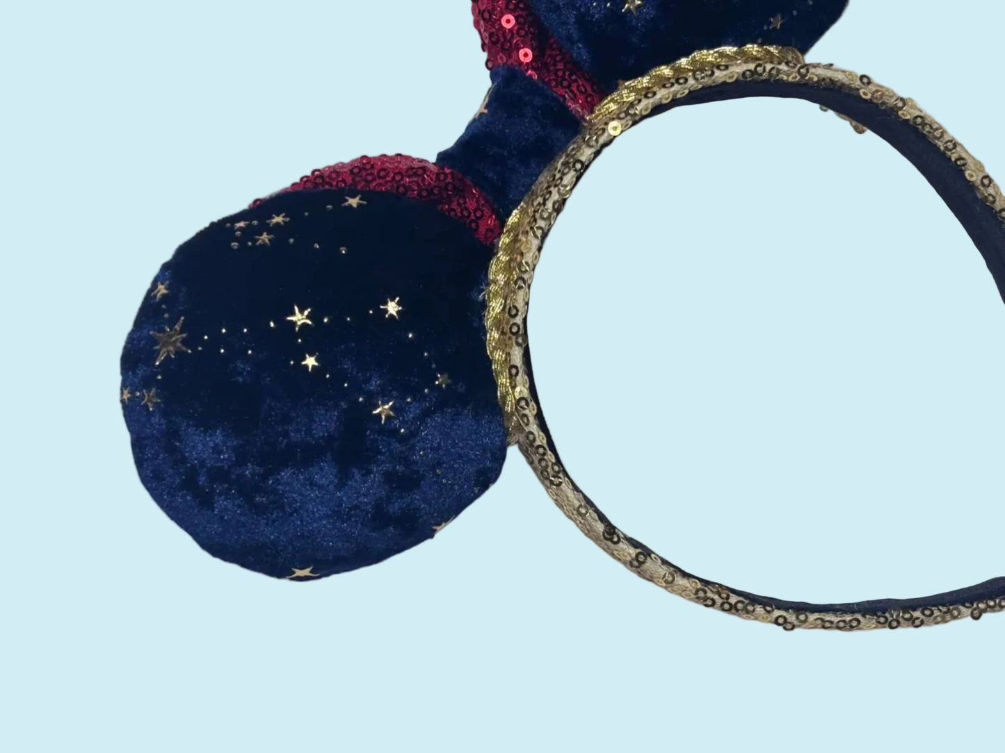 Navy blue mouse ears with gold accents and star details. Back left side of mouse ears.
