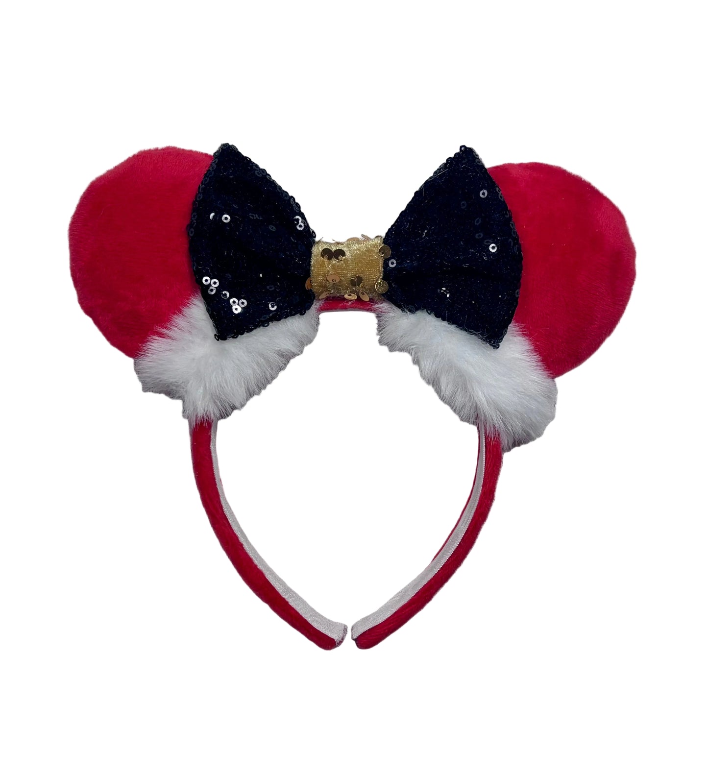 Minnie Mouse ears headband with red plush ears and black bow with gold middle and fluffy white trim on a white background