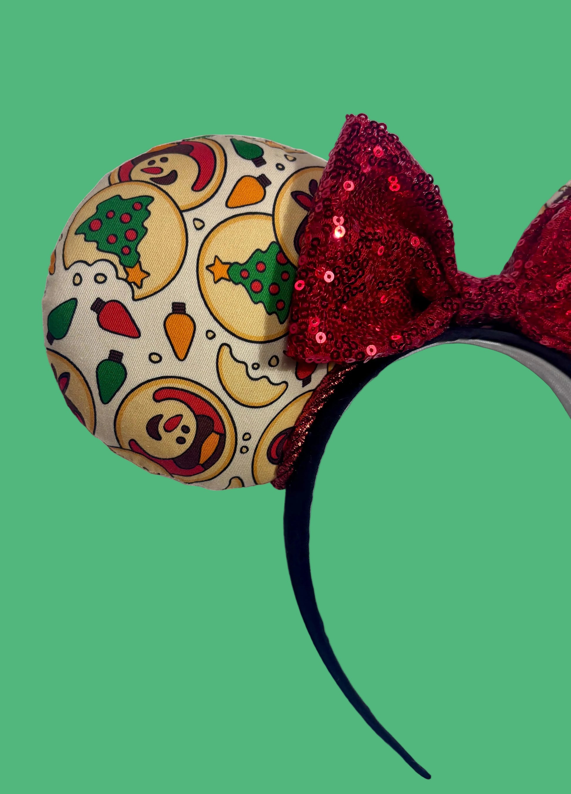 Handmade and ready to ship Christmas Sugar Cookie mouse ears front side closeup view of ear and bow.