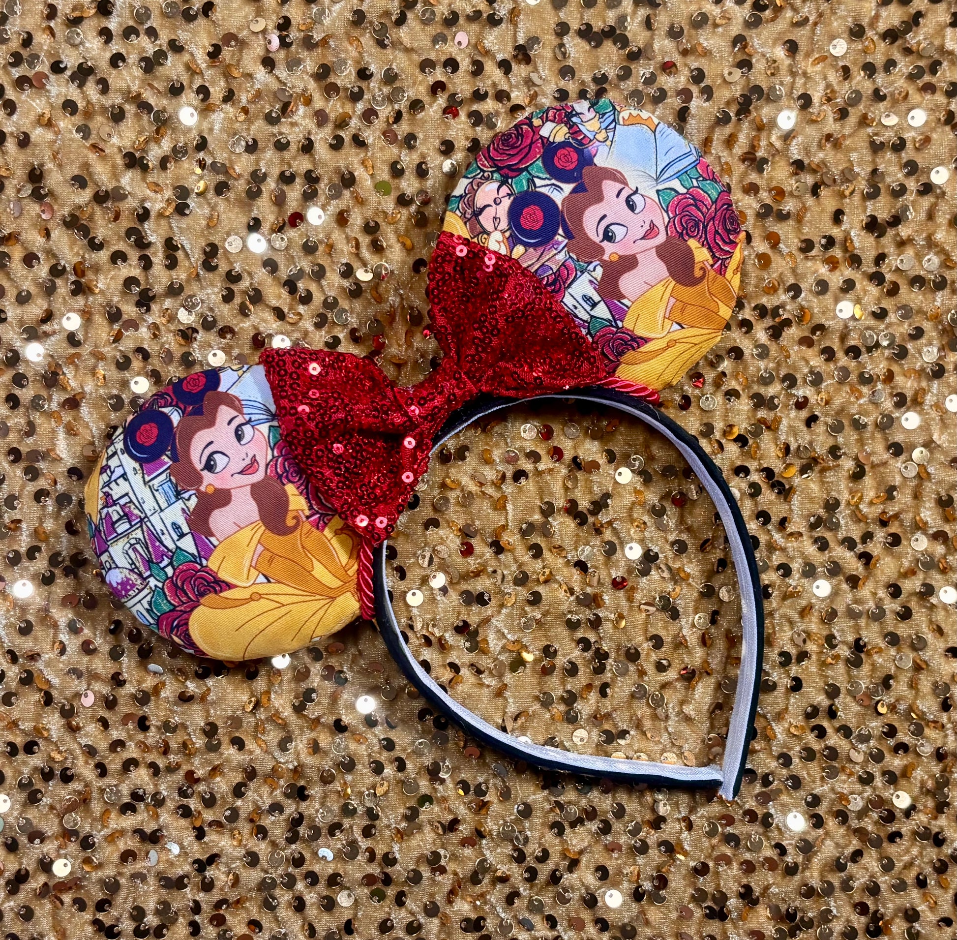 Belle from Beauty and the Beast-themed headband with Belle wearing mouse ears with red twisted trim and a red sequin bow. Handmade and ready to ship. 