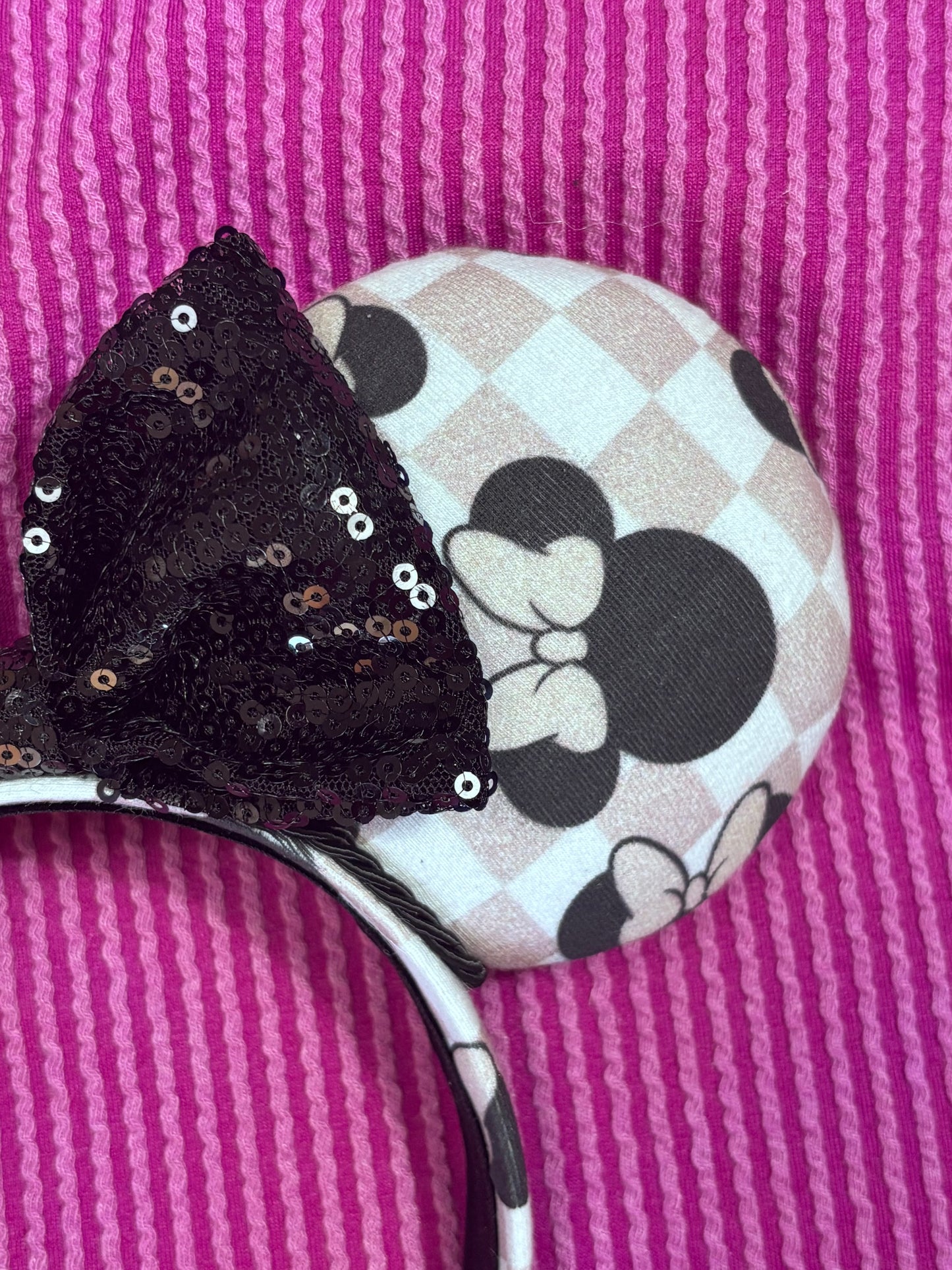 Mouse Checkered Ear Headband – Handmade Sequin Bow Accessory