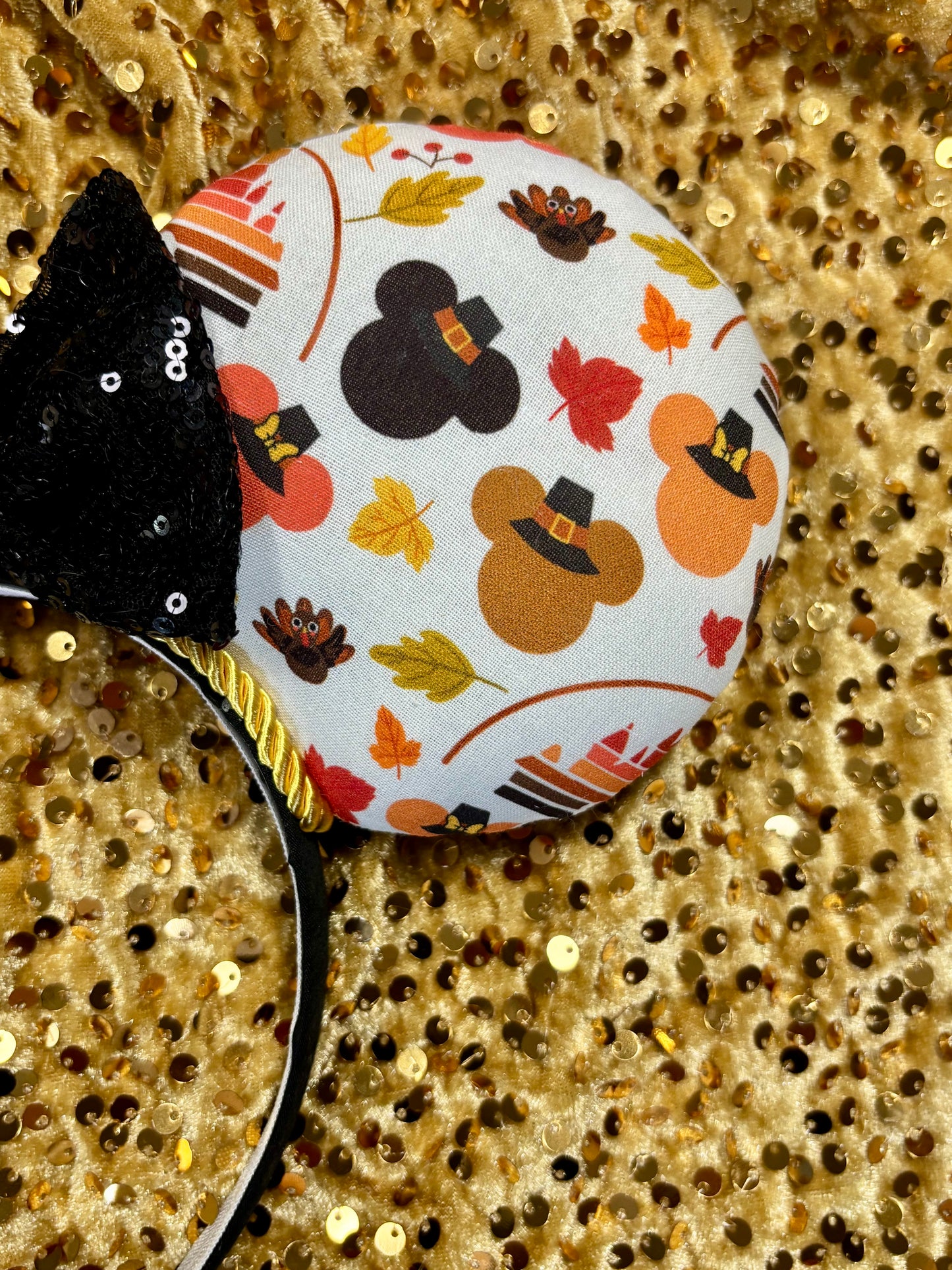 Thanksgiving Mouse Ears | Handmade Fall Disney Headband with Gold Trim & Sequin Bow