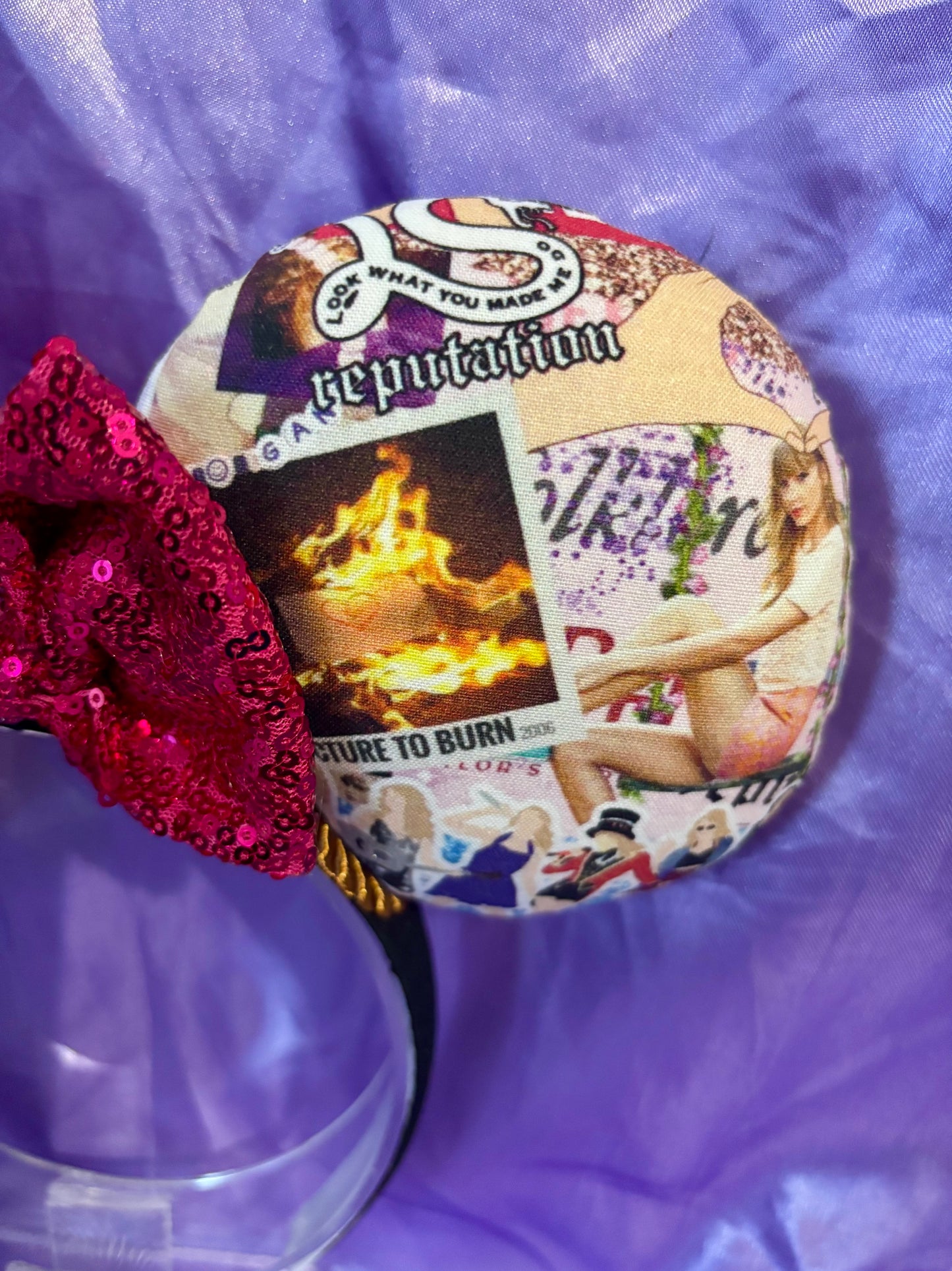 Cartoon Eras Mouse Ears – Taylor Swift Inspired Collage Handmade Disney Headband | Hot Pink Sequin Bow