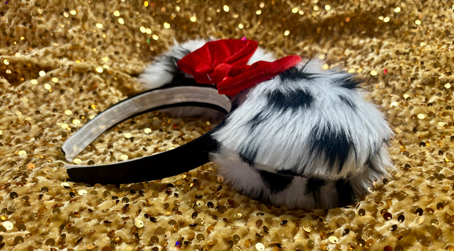 Cruella De Vil Inspired Mouse Ears | Black & White Faux Fur Red Bow Theme Park Headband