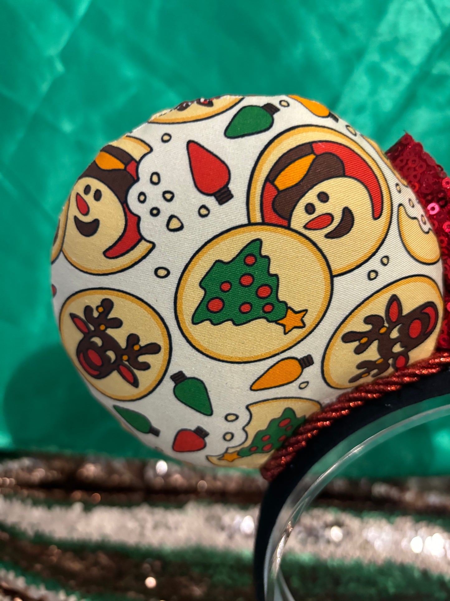 Sugar Cookie Mouse Ears – Handmade Disney-Inspired Christmas Headband with Red Sequin Bow.