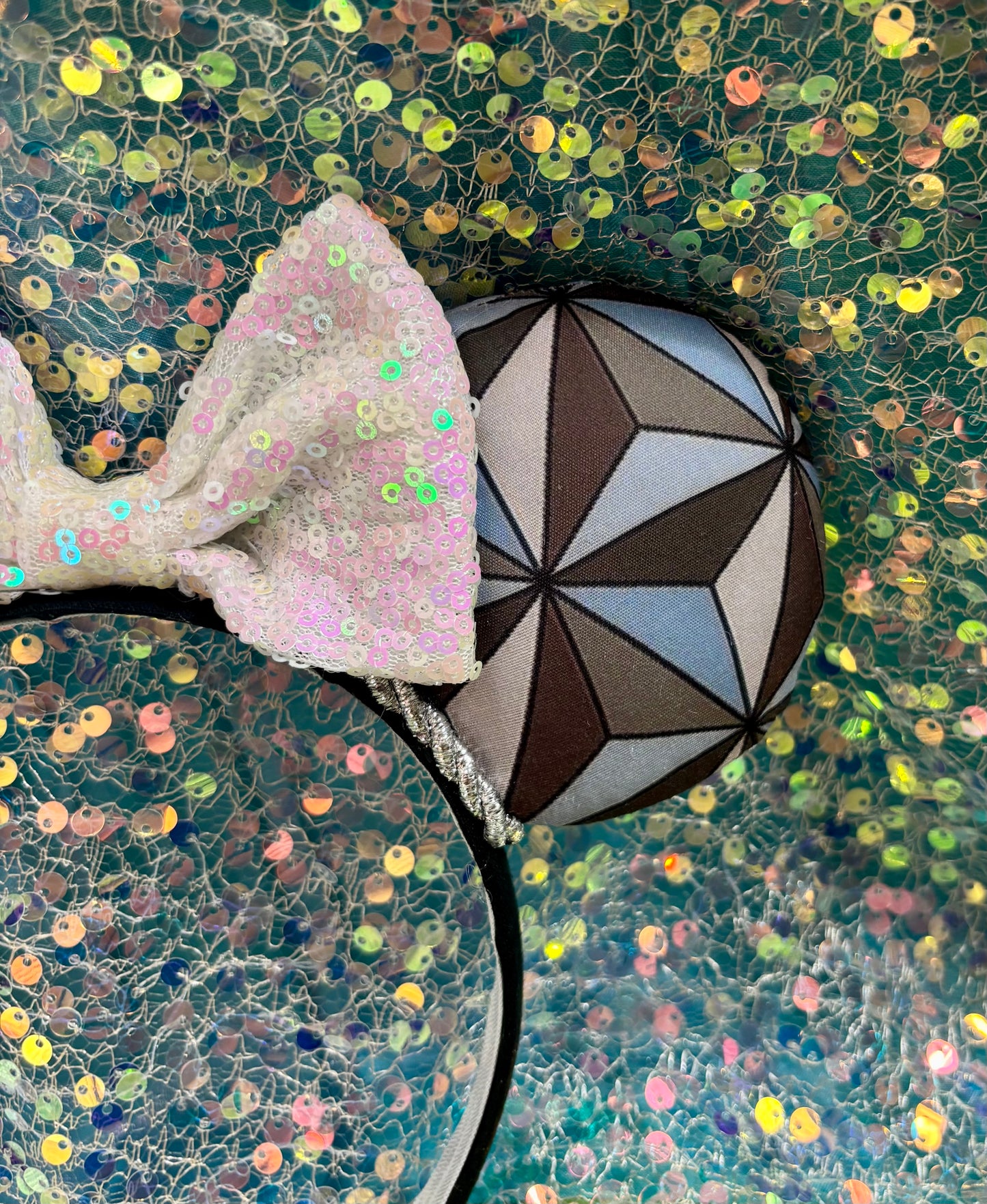 Epcot Inspired Mouse Ears | Handmade Spaceship Earth Disney Headband with Iridescent Sequin Bow
